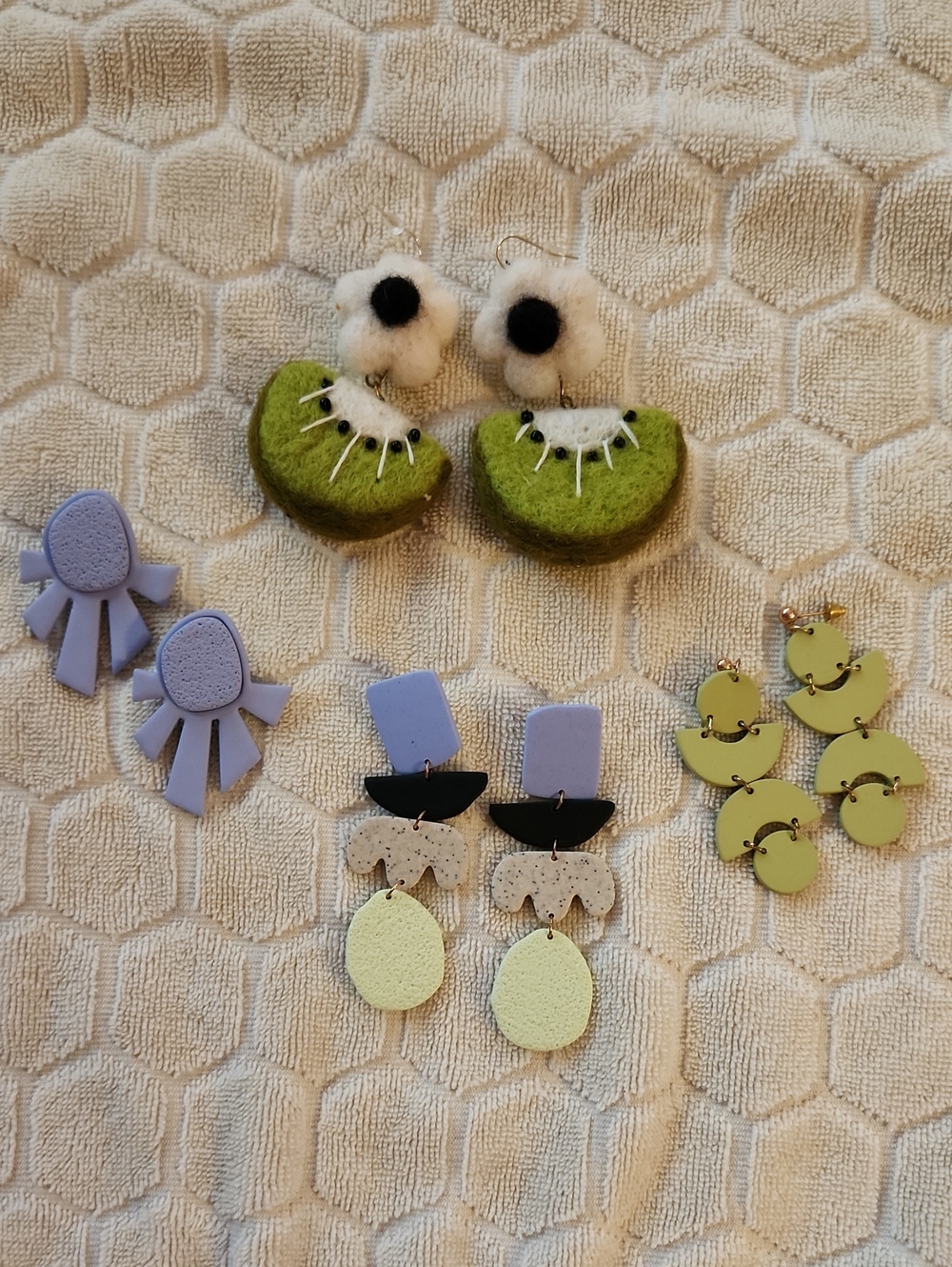 Handmade Felt Kiwi & Pastel Drop Earrings - Green & Lavender Set